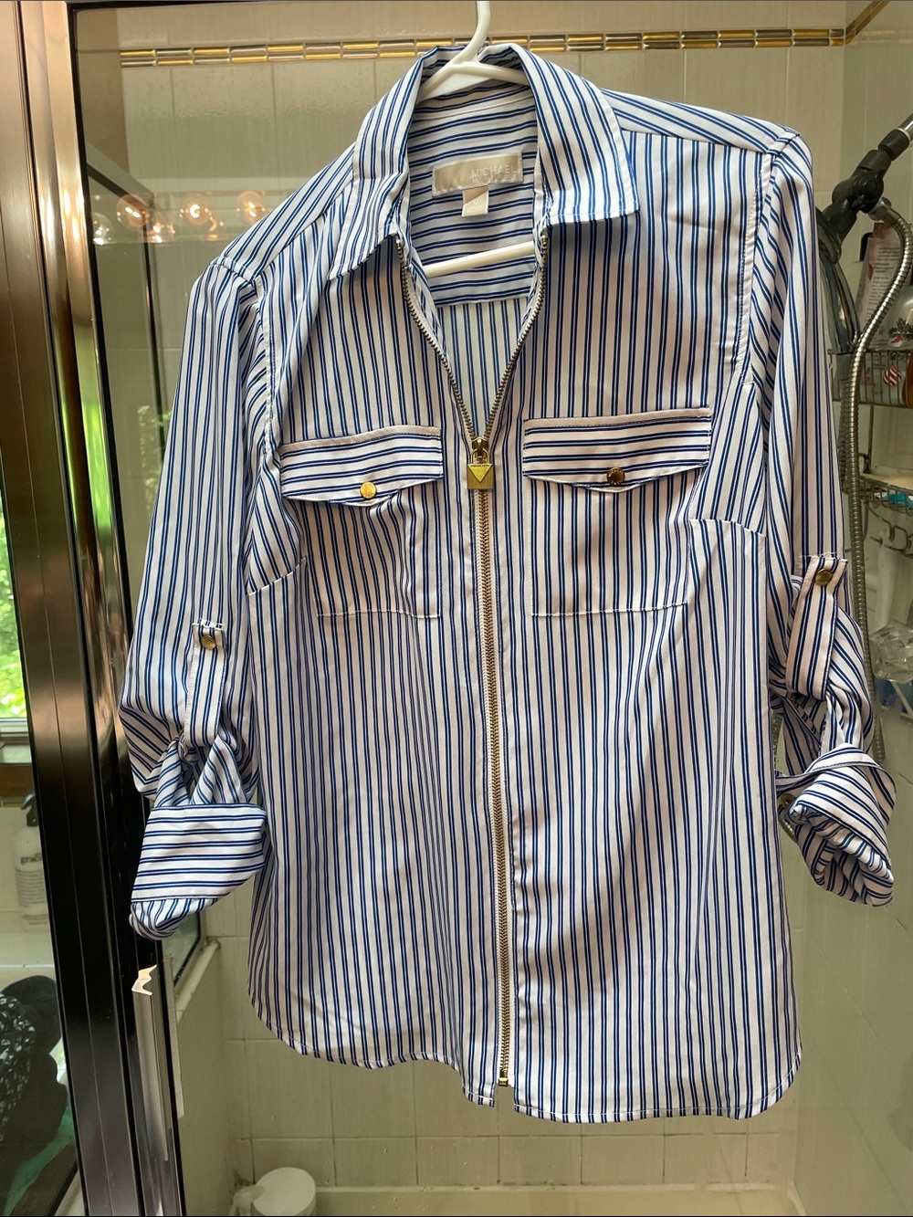 Michael Kors Blue and White Striped Zip-Front Shirt
